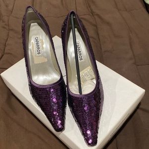 Caparrós, purple silk and sequin high heels, 8.5 M. Heels are 3 inches.